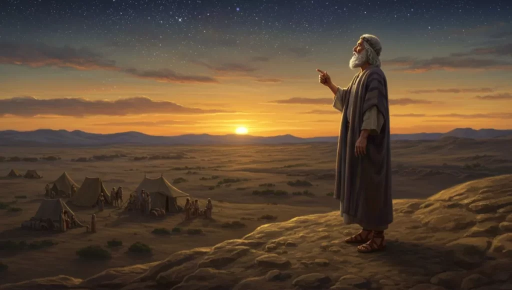 Abraão contemplando as estrelas e as promessas de Deus sobre descendência numerosa.